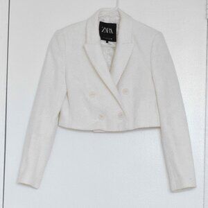 Zara White Polyester Knit Cropped Shoulder Pads Button Detail Jacket